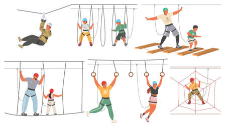 Adults and kids in rope adventure park, vector illustration. Sport, entertainment and fun. Summer outdoor activities.のイラスト素材