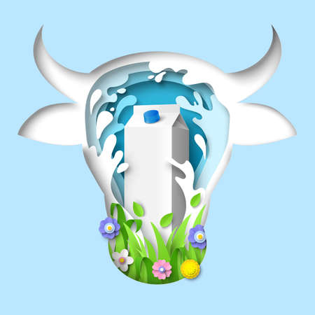 Cow head with milk carton box, splash and flowers, vector paper cut illustration. Fresh milk, dairy products logo, ads.のイラスト素材