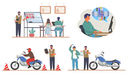 Moto driving school flat vector scene set