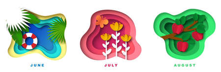 Summer month paper cut art craft style 3d vector