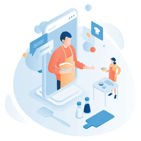 Woman watch cooking video blog on mobileのイラスト素材