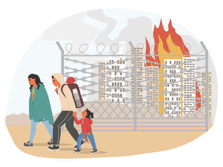 Refugees people run away from city bombingのイラスト素材