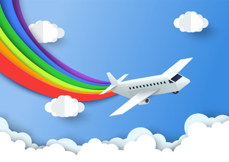 Airplane in sky drawing rainbow over cloud vectorのイラスト素材