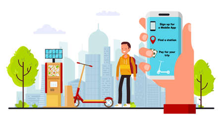 Electric scooter rent mobile app flat vectorのイラスト素材