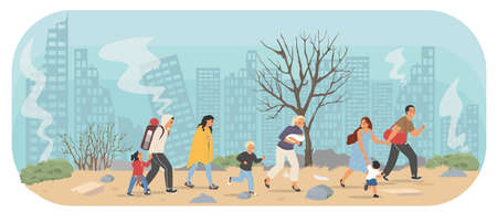 Refugees running away from ruined city vector