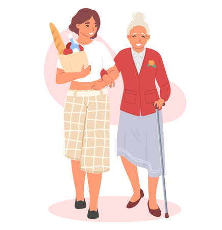 Woman help elderly female with grocery shoppingのイラスト素材
