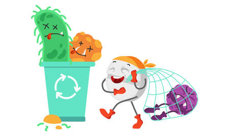 Cute superhero pill gathering bacteria in trashcanのイラスト素材