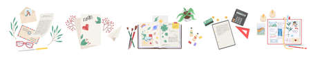 Document set, vector letter, sketchbook, wish list