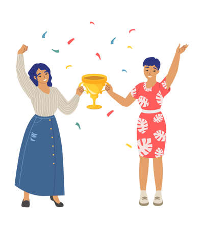 Woman winners vector two happy girls with trophyのイラスト素材