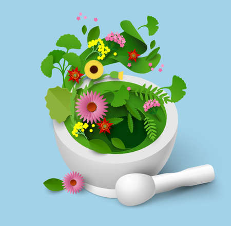 Mortar and pestle with herbal leaf papercut vectorのイラスト素材