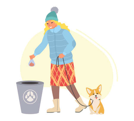 Woman walking dog and picking up pet waste vectorのイラスト素材