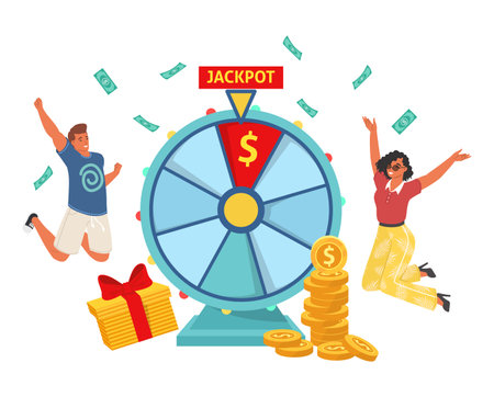 Illustration for Jackpot prize spinning wheel and happy people - Royalty Free Image