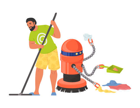 Robot assistant helping man to clean house vectorのイラスト素材