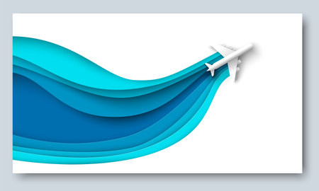 Paper cut airplane in sky vector travel bannerのイラスト素材