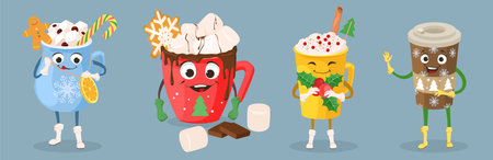 Cute hot winter drink character vector setのイラスト素材