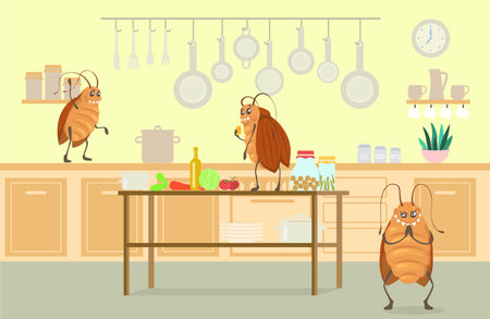 Funny cartoon cockroach in home kitchen vectorのイラスト素材