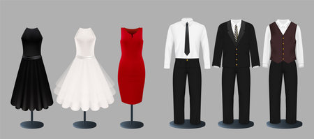 Suits and dresses on mannequin in row vector setのイラスト素材