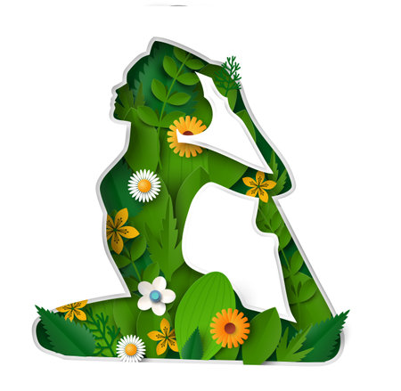 Yoga vector paper cut woman floral silhouetteのイラスト素材