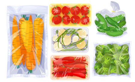 Plastic packages with fresh vegetable vacuum foodのイラスト素材