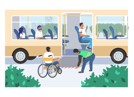 Man in wheelchair rides on ramp to bus vectorのイラスト素材
