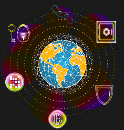 Global bitcoin crypto currency block chain techのイラスト素材
