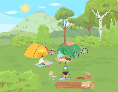 Camping vector old father and son rest in forestのイラスト素材