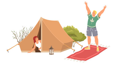 Camping vector happy couple rest in tent campのイラスト素材