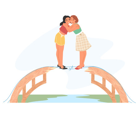 Happy female friends reconciliation gesture flat vectorのイラスト素材