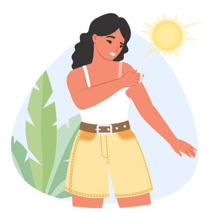 Vector young woman with sunburn problem under sunのイラスト素材