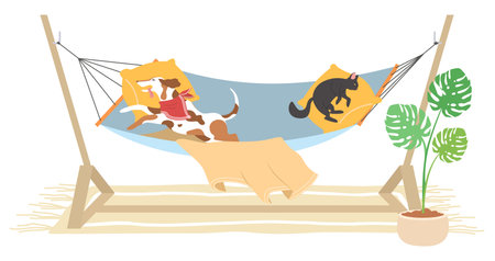 Pets in hammock flat cartoon vector illustrationのイラスト素材