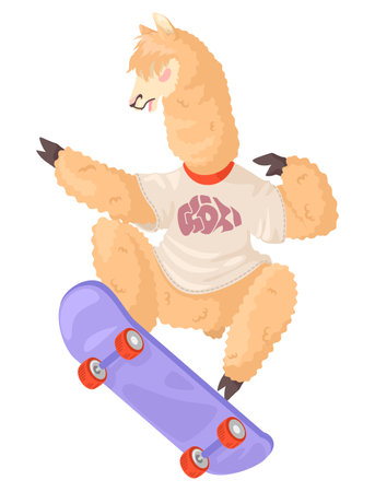 Cute llama alpaca skateboarding flat vector iconのイラスト素材