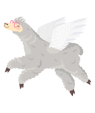 Funny lama with angel wings flat vector iconのイラスト素材