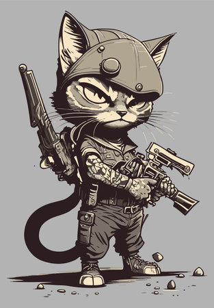 Funny cat with serious face holding gun in pawsのイラスト素材