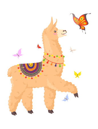 Lamas alpacas character and butterfly flat vectorのイラスト素材