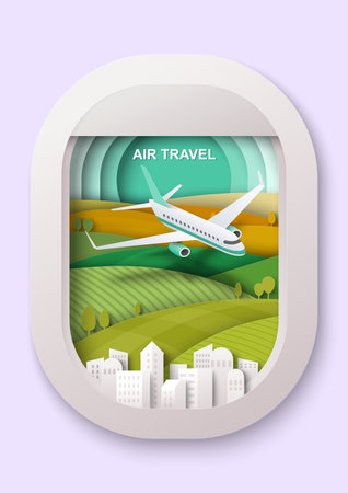 Air travel vector with view on plane from portholeのイラスト素材