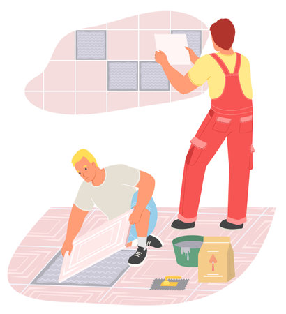 Tiling master team putting floor and wall ceramic tile vectorのイラスト素材
