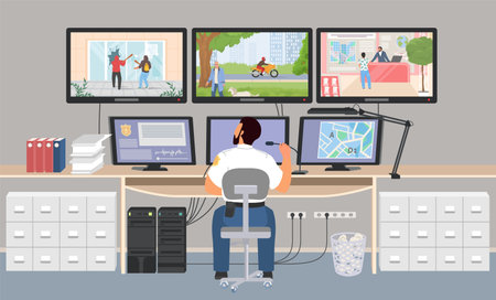 Vector security service police worker sitting control roomのイラスト素材