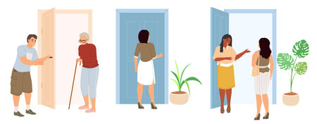 People opening doors, entering, exiting scene setのイラスト素材