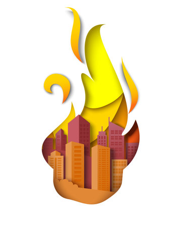 City buildings in fire flames vector illustration in paper cut styleのイラスト素材