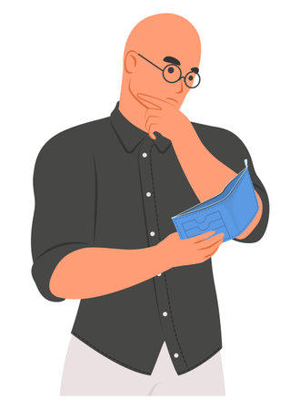 Worried poor bald man looking in empty wallet vector illustrationのイラスト素材