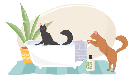 Clean animals vector illustration with cute cat washing in bathのイラスト素材