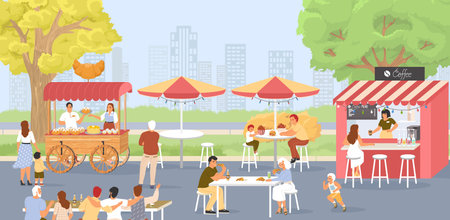 Street food festival vector scene with happy eating peopleのイラスト素材