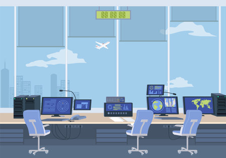 Airport control room with computer and surveillance technologyのイラスト素材