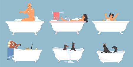 People of different age and pet domestic animals taking bath setのイラスト素材
