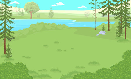 Summer forest glade landscape with lake and treesのイラスト素材