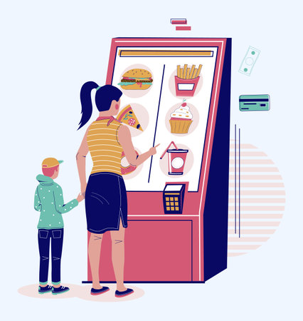 Mother and child ordering food using interactive food pos terminalのイラスト素材