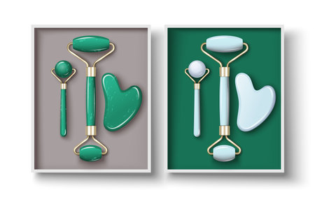 Facial massage gouache scraper and jade stone rollers in boxのイラスト素材