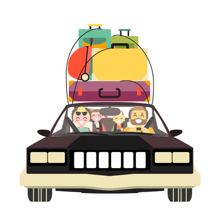 Happy family with luggage bag traveling by carのイラスト素材
