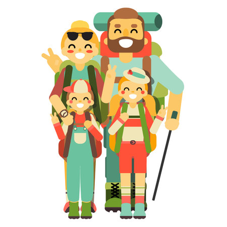 Portrait of happy family with children traveler backpackerのイラスト素材