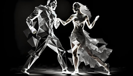 Couple polygonal silhouette dancing over dark backgroundの素材